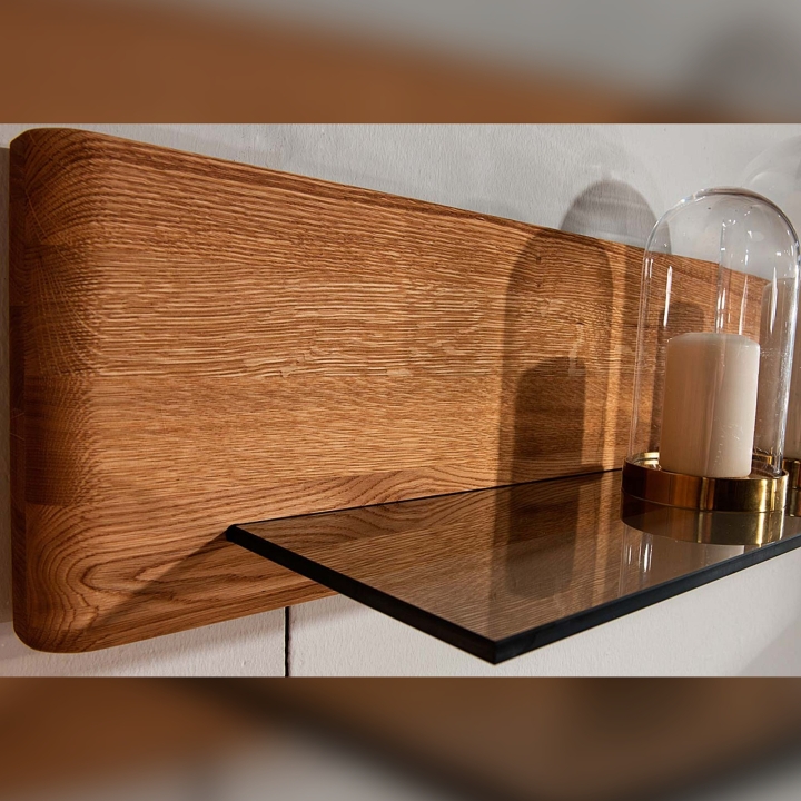 Wisząca półka dębowa Denver II ze szklaną półką dąb rustical