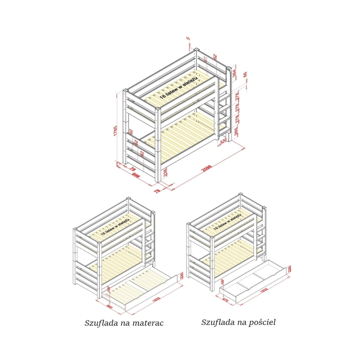 Łóżko piętrowe 90x200 Jan sosnowe szare