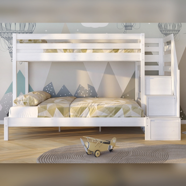 Łóżko piętrowe Sen Trio 3 osobowe białe ze schodkami