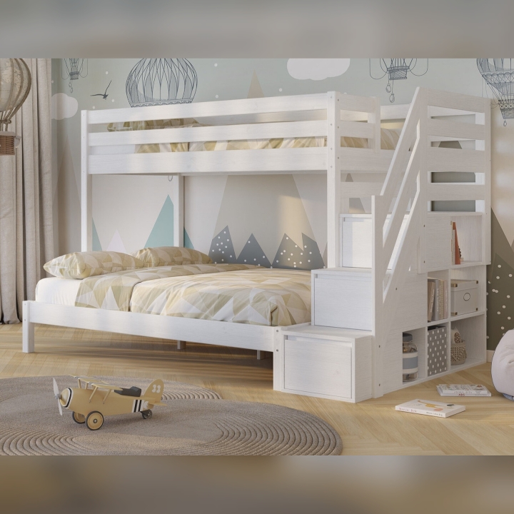 Łóżko piętrowe Sen Trio 3 osobowe białe ze schodkami