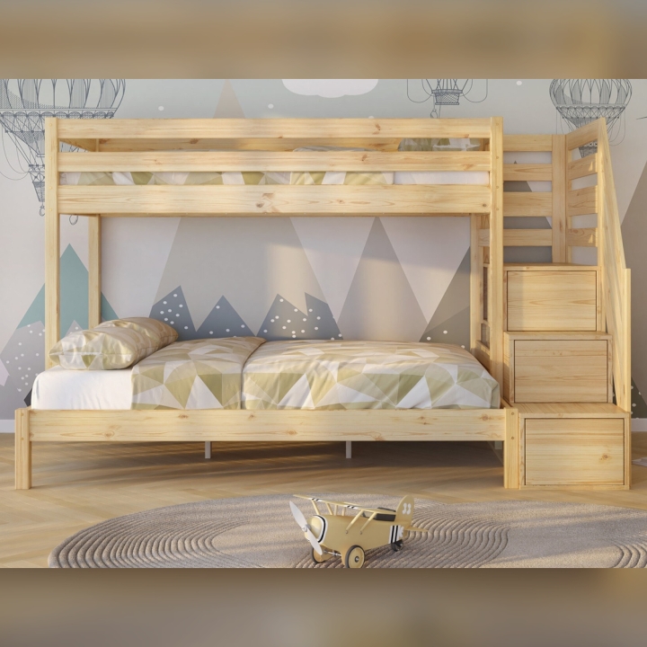Łóżko piętrowe Sen Trio 3 osobowe sosna ze schodkami