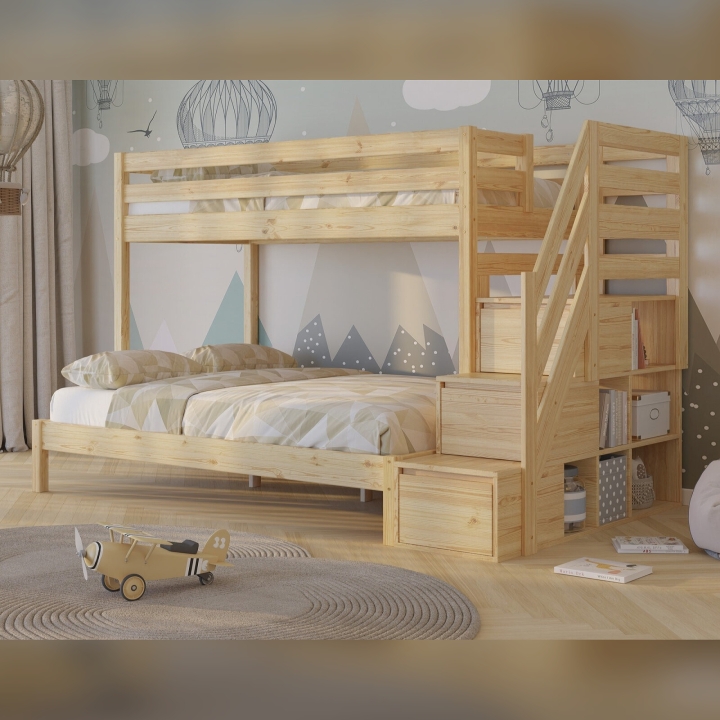 Łóżko piętrowe Sen Trio 3 osobowe sosna ze schodkami