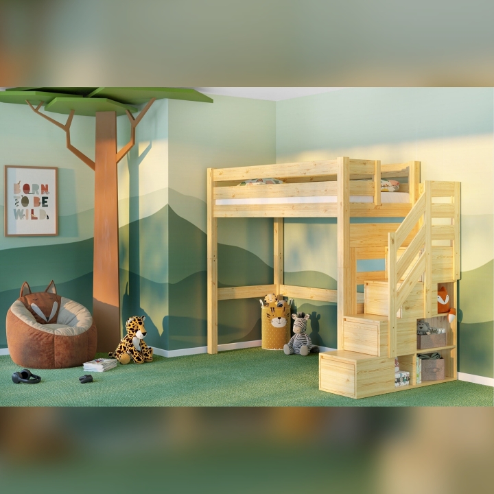 Łóżko piętrowe Antresola ze schodkami sosna lakier
