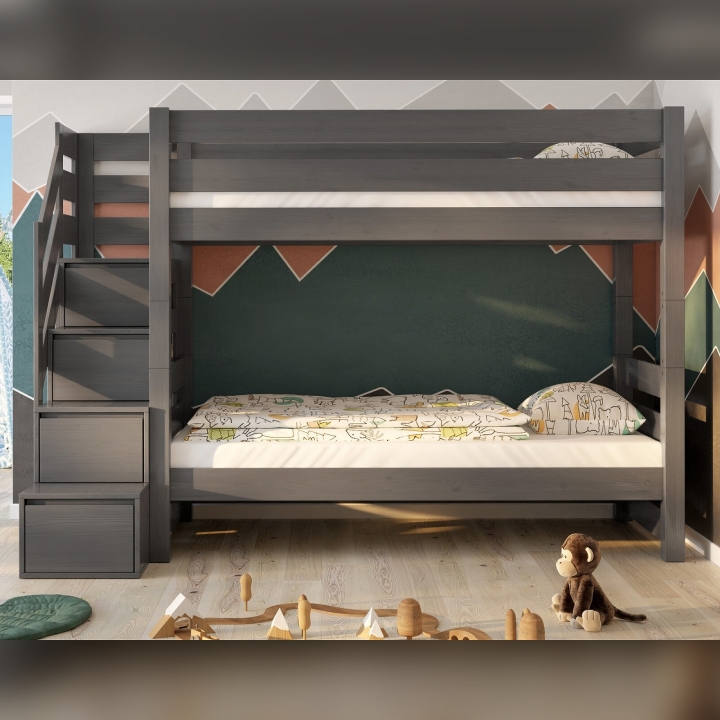 Łóżko piętrowe Pięterko ze schodkami szare