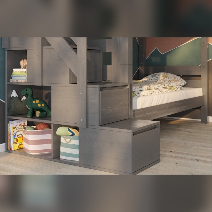 Łóżko piętrowe Pięterko ze schodkami szare