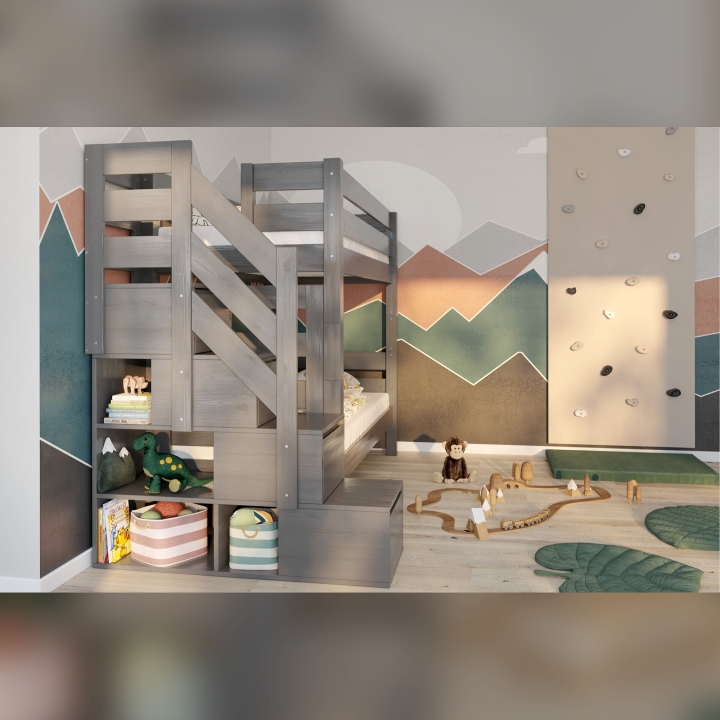 Łóżko piętrowe Pięterko ze schodkami szare