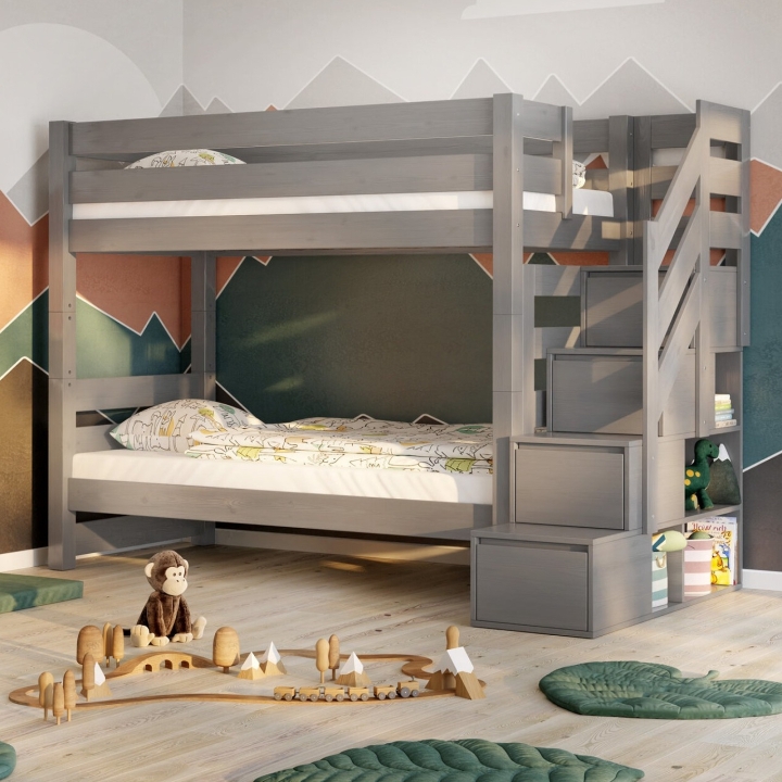 Łóżko piętrowe Pięterko ze schodkami szare