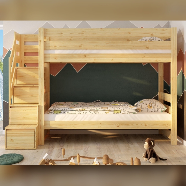 Łóżko piętrowe Pięterko ze schodkami sosnowe