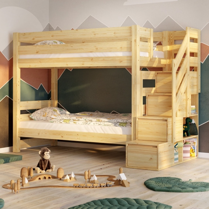 Łóżko piętrowe Pięterko ze schodkami sosnowe