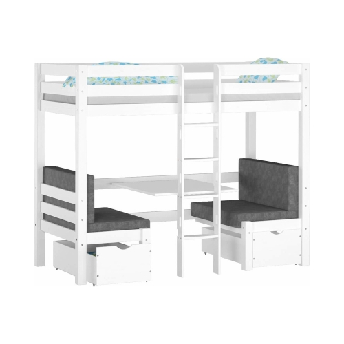 Łóżko piętrowe z biurkiem Elen sosnowe białe 90x200 + materacyki szare