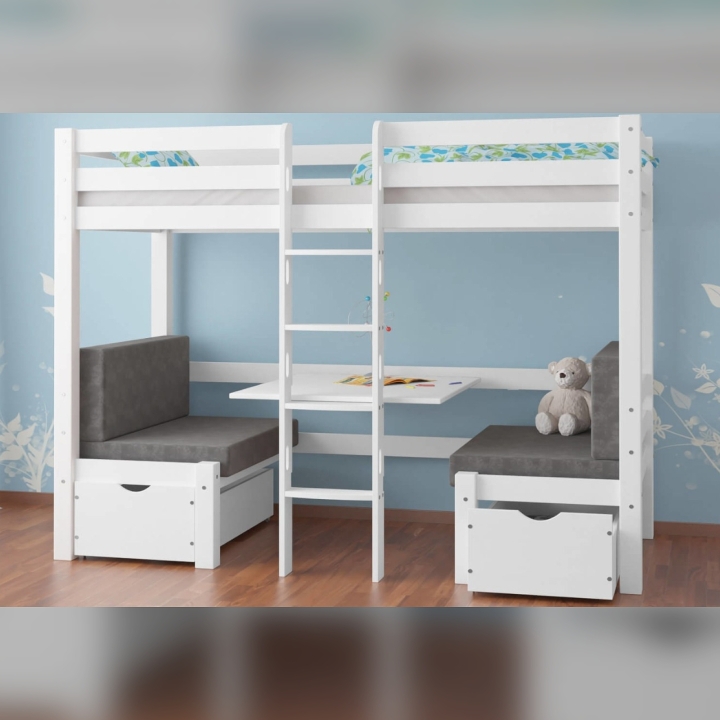 Łóżko piętrowe z biurkiem Elen sosnowe białe 90x200 + materacyki szare