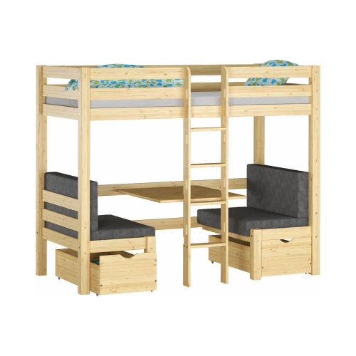 Łóżko piętrowe z biurkiem Elen sosnowe 90x200 + materacyki szare