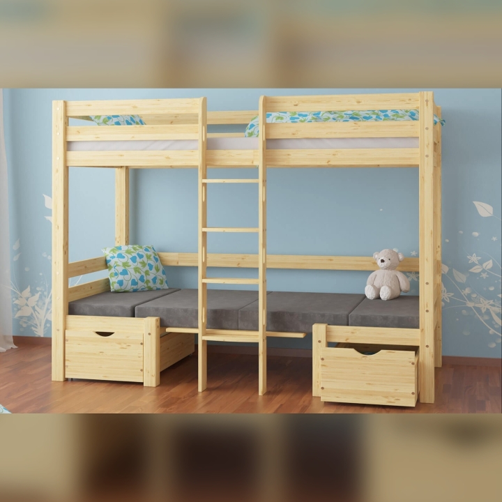 Łóżko piętrowe z biurkiem Elen sosnowe 90x200 + materacyki szare