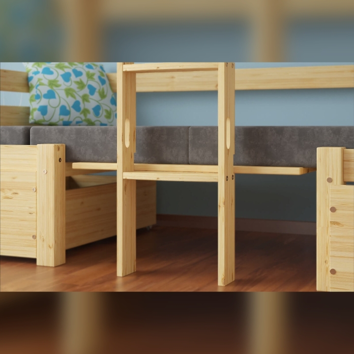 Łóżko piętrowe z biurkiem Elen sosnowe 90x200 + materacyki szare