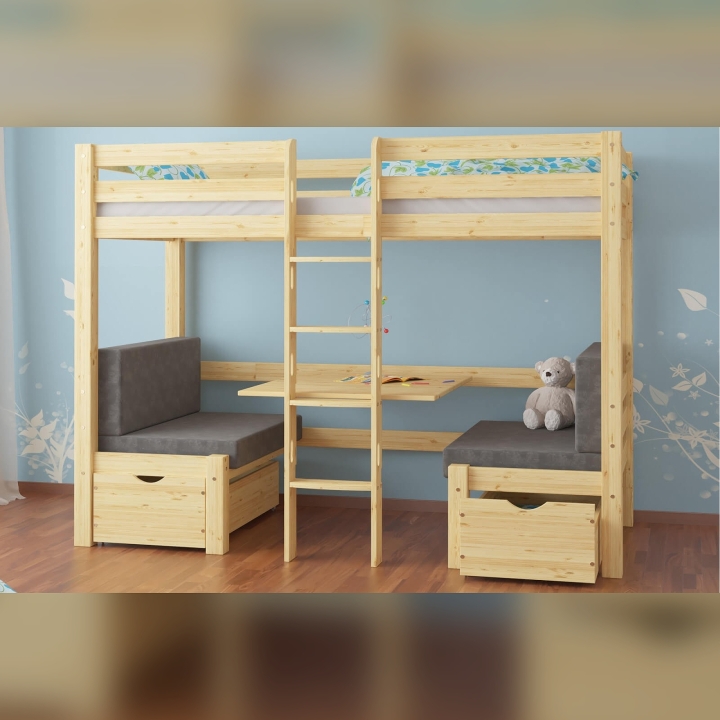 Łóżko piętrowe z biurkiem Elen sosnowe 90x200 + materacyki szare