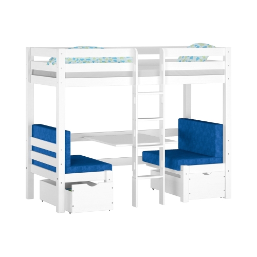 Łóżko piętrowe z biurkiem Elen sosnowe białe 90x200 + materacyki niebieskie