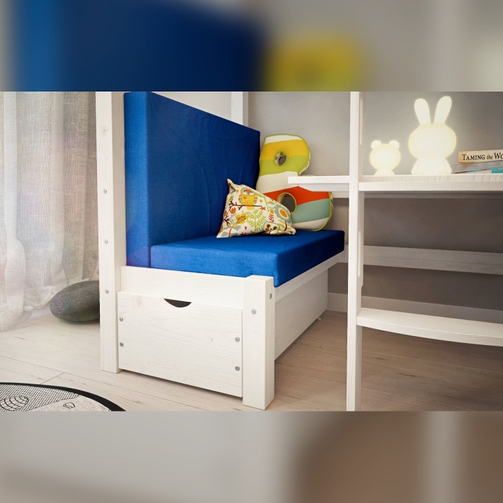 Łóżko piętrowe z biurkiem Elen sosnowe białe 90x200 + materacyki niebieskie