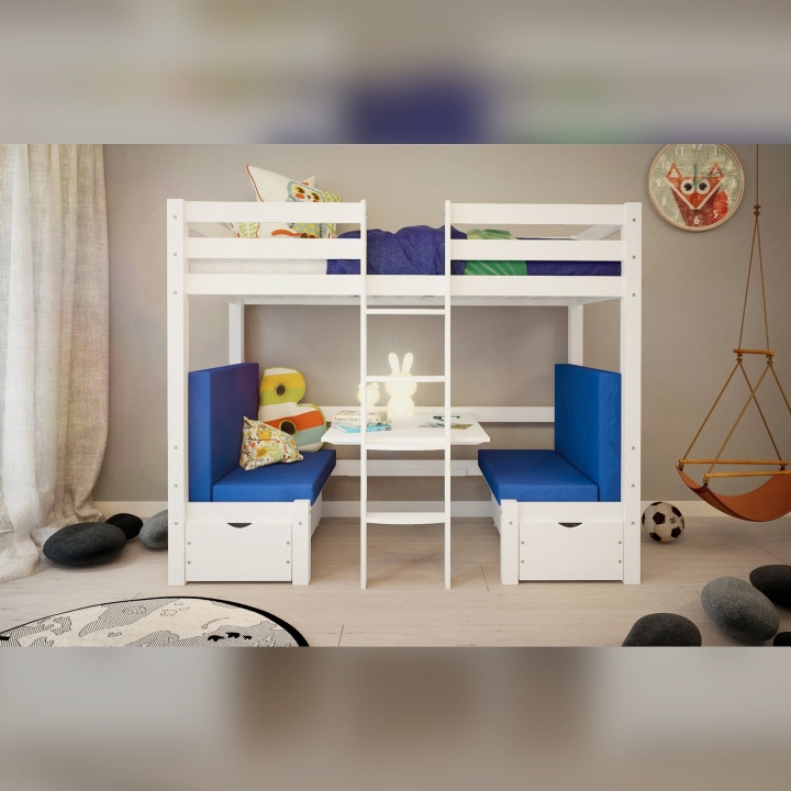 Łóżko piętrowe z biurkiem Elen sosnowe białe 90x200 + materacyki niebieskie
