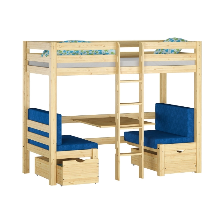 Łóżko piętrowe z biurkiem Elen sosnowe 90x200 + materacyki niebieskie