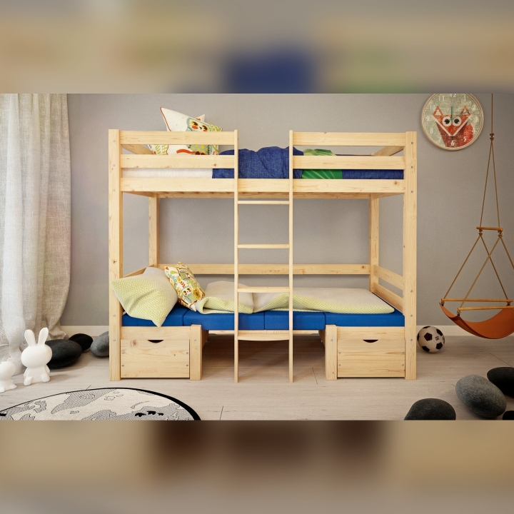 Łóżko piętrowe z biurkiem Elen sosnowe 90x200 + materacyki niebieskie
