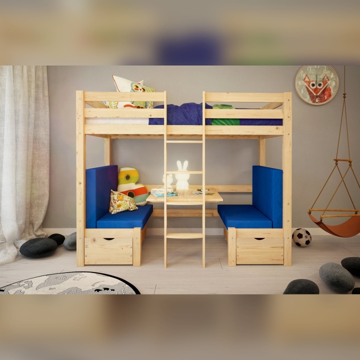 Łóżko piętrowe z biurkiem Elen sosnowe 90x200 + materacyki niebieskie