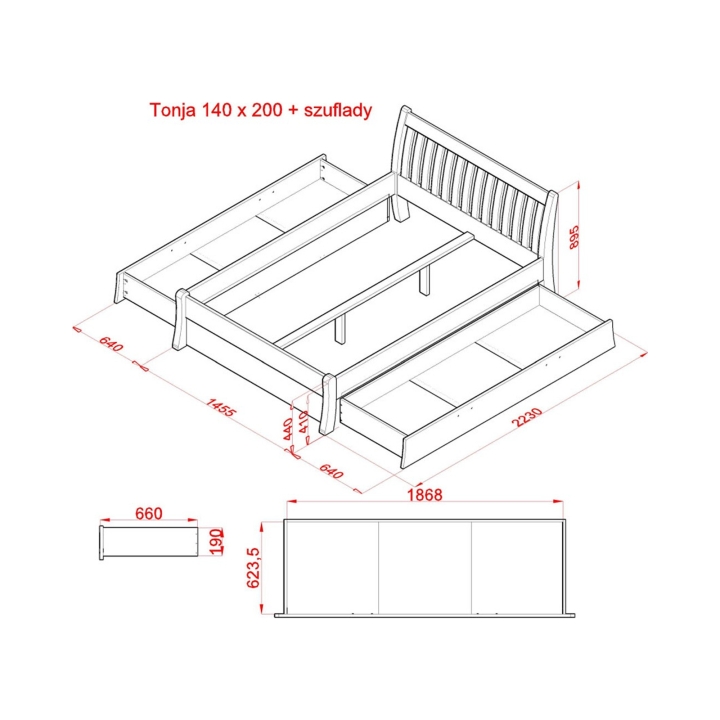 Szuflady sosnowe do łóżka Tonja 140x200