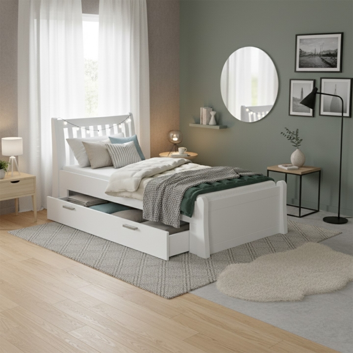 Szuflada sosnowa do łóżka Tonja biała 90x200