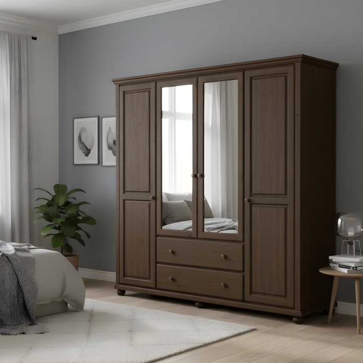 Szafa 4-drzwiowa z lustrem sosnowa Klasyk SF-02 bejca