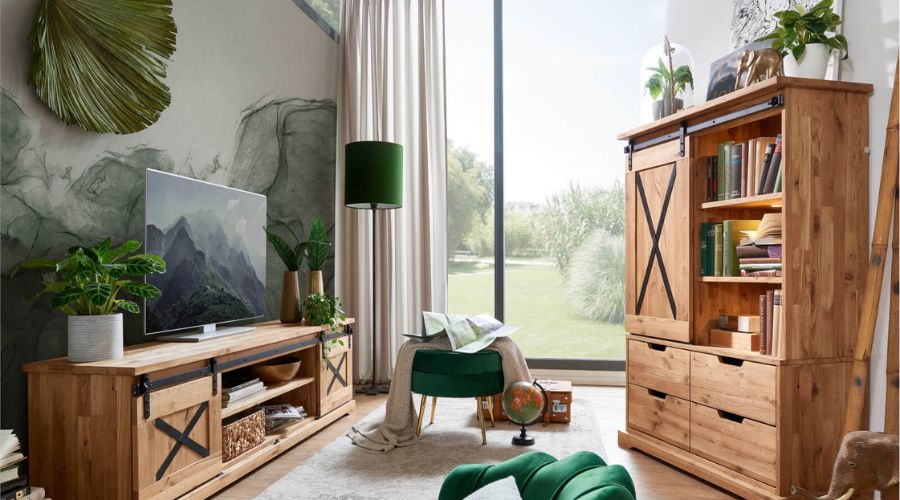 Nowoczesny salon z drewnianymi meblami